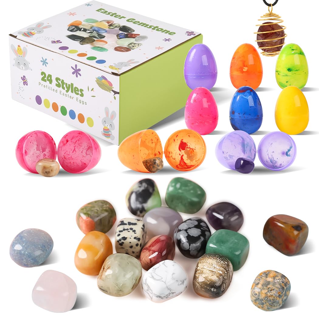 Jinsome Filled Easter Eggs Fillers Stuffers Set, 24 Pack Prefilled Easter Eggs & Gemstones - Perfect for Kids & Teens Easter Egg Hunt, Party Favors, Classroom Prize Supplies