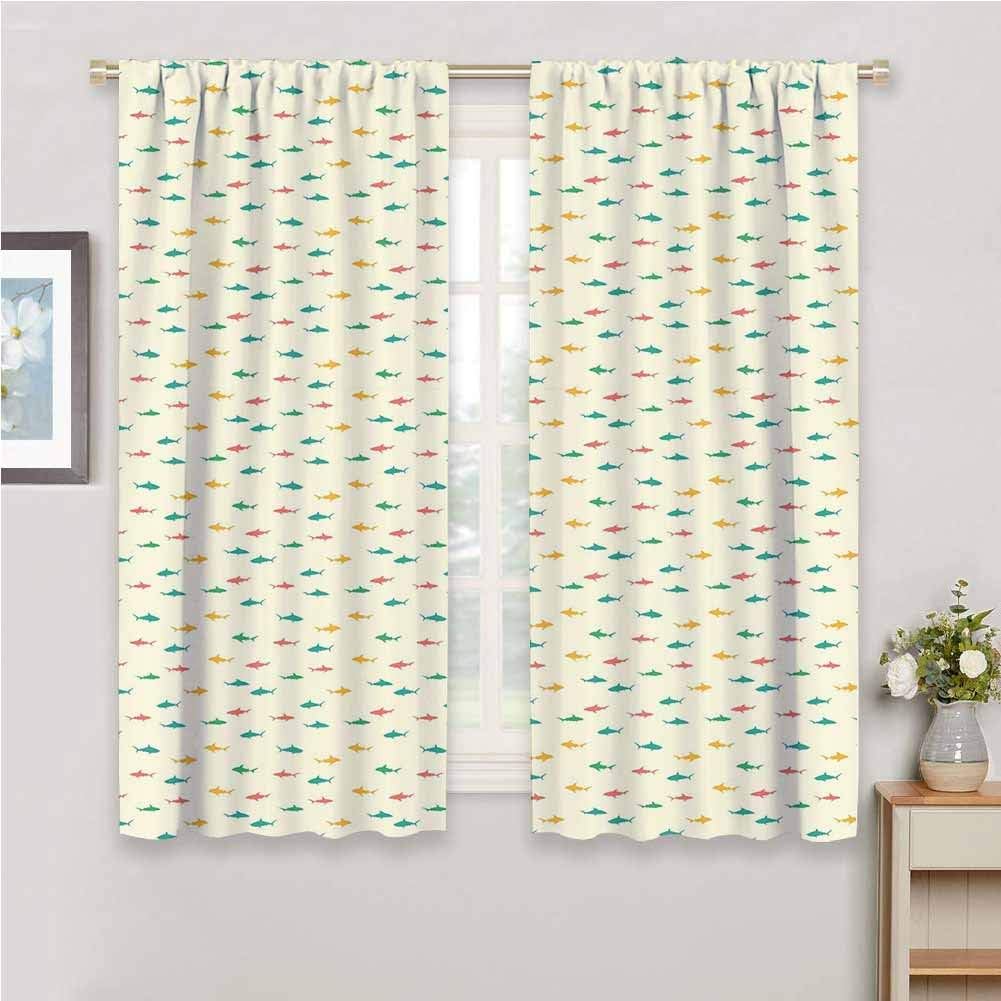 Blackout Curtains for Bedroom Shark Curtains 45 inch Length, Kids Nursery Pattern with Colorful Cartoon Silhouettes of Marine Wildlife Creatures Soundproof Shade Multicolor W63 x L45 Inch