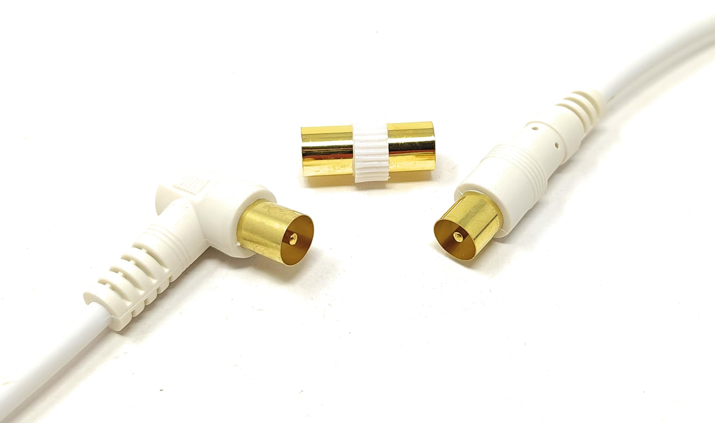 20m TV Aerial Coaxial Cable Male to Male, Satellite RF Antenna Coax RG59 Lead Gold Plated Connectors with Female Coupler (Right Angled, White)