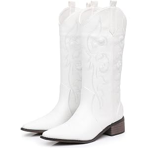 JIANCHIBUXIE Cowboy Boots for Women, Pointed Toe Chunky Heel Western Boots, Mid Calf Embroidered Side Zip Brown Red Cowgirl B