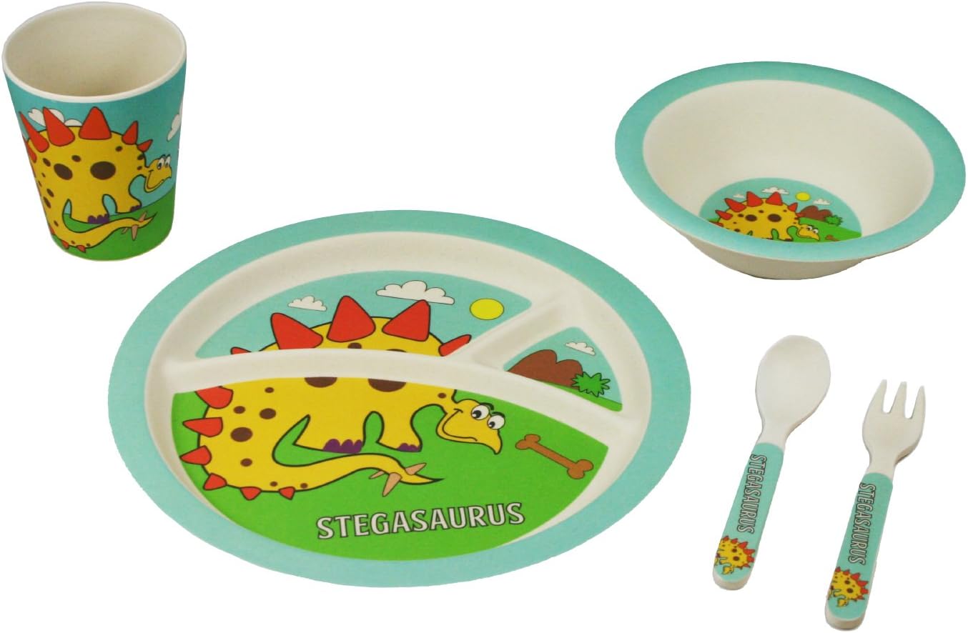 EcoBamboo Ware Kid's Stegosaurus Dinnerware Set with Tumbler, Yellow/Orange/Green