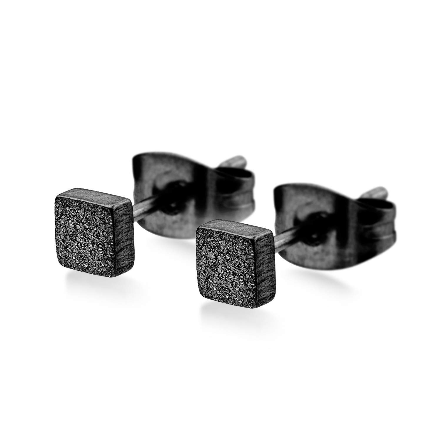 555Jewelry Womens Stainless Steel Tiny Small Simple Classy Lightweight Square Cube Shape Shimmer Glittery High Fashion Matte Cute Ladies Accessories Stud Earrings, Black, 5 MM