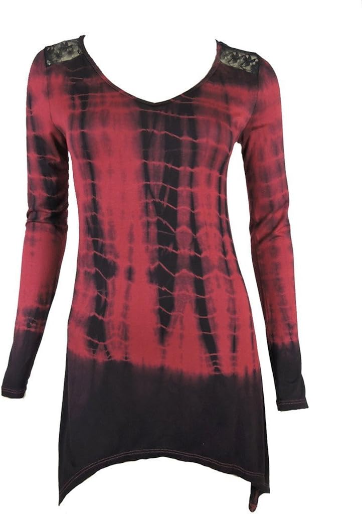 SugarRock Women Shark Bite Lace Shirt Tie Dye Vneck Long Sleeves