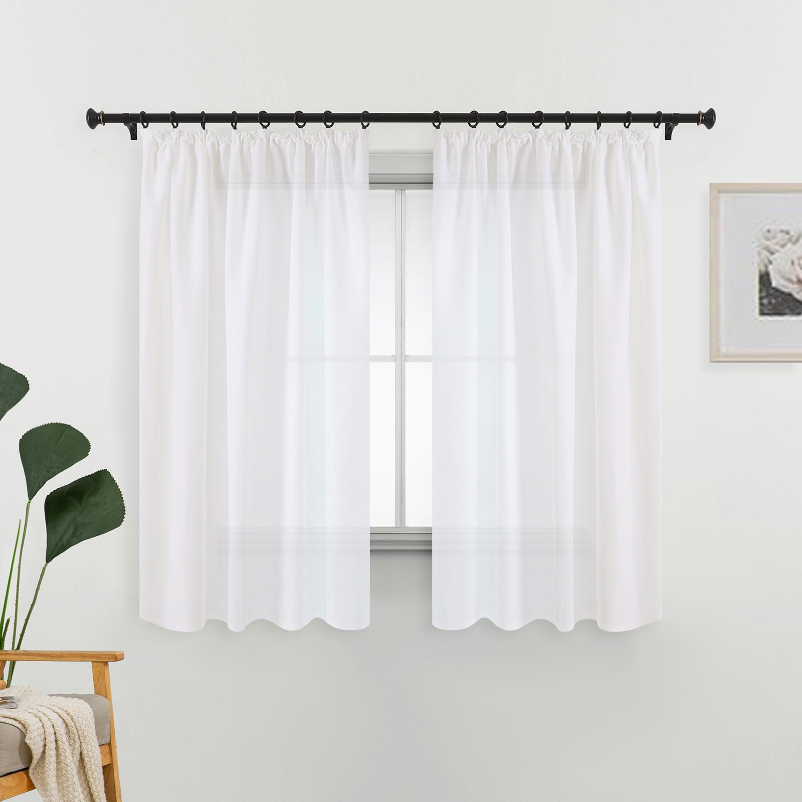 L.Z.E Non-See-Through Curtains White, Short Cotton-Look Pencil Pleat Privacy Sheer Curtains for Bedroom Living Room Bay Windows, 69 Inch Drop 175 cm Long Light Filtering Curtain, 2 Panels Set, Thin