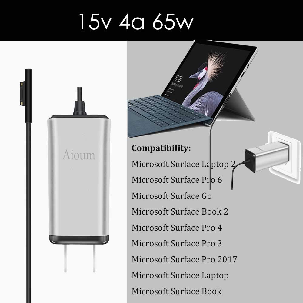 Power Supply Charger Mini Adapter Charger for Microsoft Surface Book 15V 4A with 6FT Power Cord (Silver)