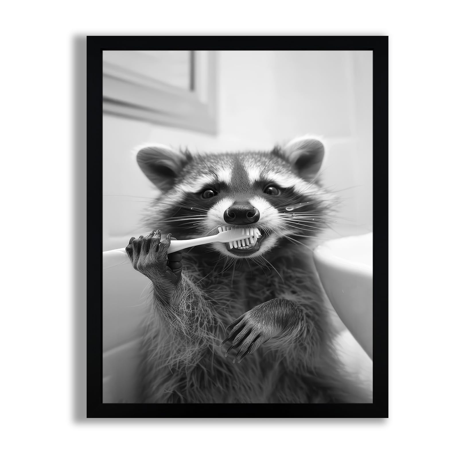 SYWENNOI Framed Black and White Bathroom Canvas Wall Art, Funny Raccoon ...