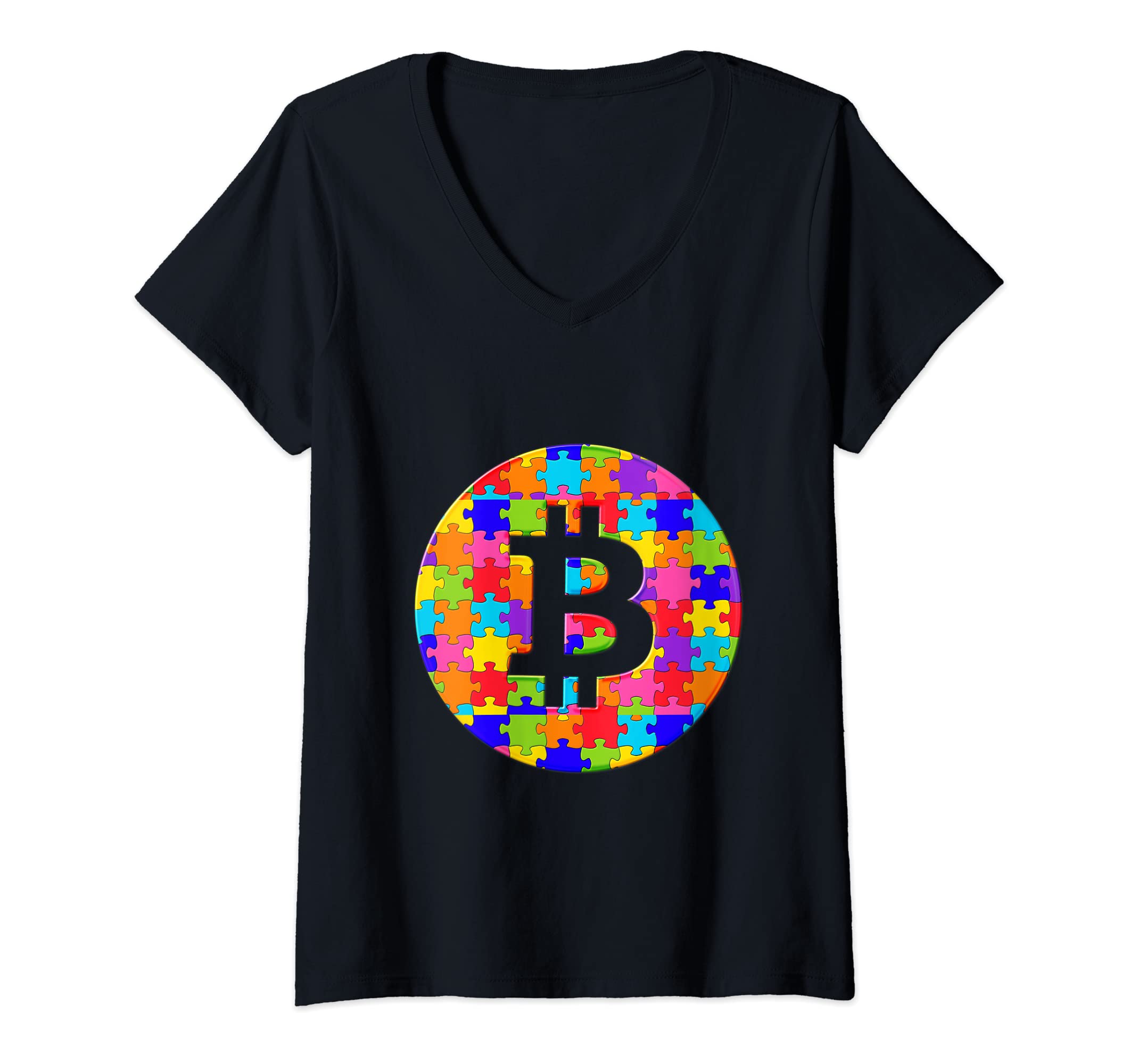 Womens Bitcoin BT Crypto Digital Money Jigsaw Autism Puzzle V-Neck T-Shirt