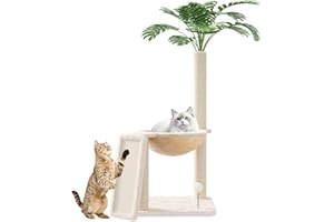 MEOWHOMM Small Cat Tree, Green Cat Tree with Scratching Post, Hammock Toy Ball and Palm Leaves for Kittens, Cat Tower for Indoor
