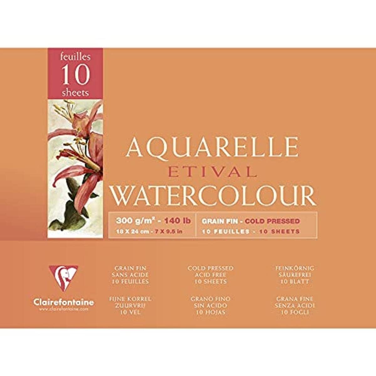 Clairefontaine - Ref 96570C - Etival Cold Pressed Glued Watercolour Painting & Drawing Pad (10 Sheets of Paper) - 18 x 24cm - 300gsm Cellulose Art Paper