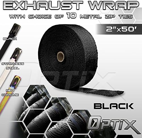 Optix P.RA 2" (W) x 50' (L) Thermal Header Exhaust Wrap Kit - Heat Shield Tape with Stainless Steel Zip Ties - 1 Roll - Black