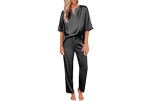 Ekouaer Satin Pajama Set Womens Silk Short Sleeve V Neck Shirt with Long Pant Soft Loungewear Pjs Set