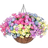 Artificial Fake Hanging Flowers Baskets for Outdoors Faux Plants Spring Outside Decor, UV Resistant Silk Morning Glory Flowers in Planter Realistic Petunias for Outdoor Porch Patio Garden Yard Home