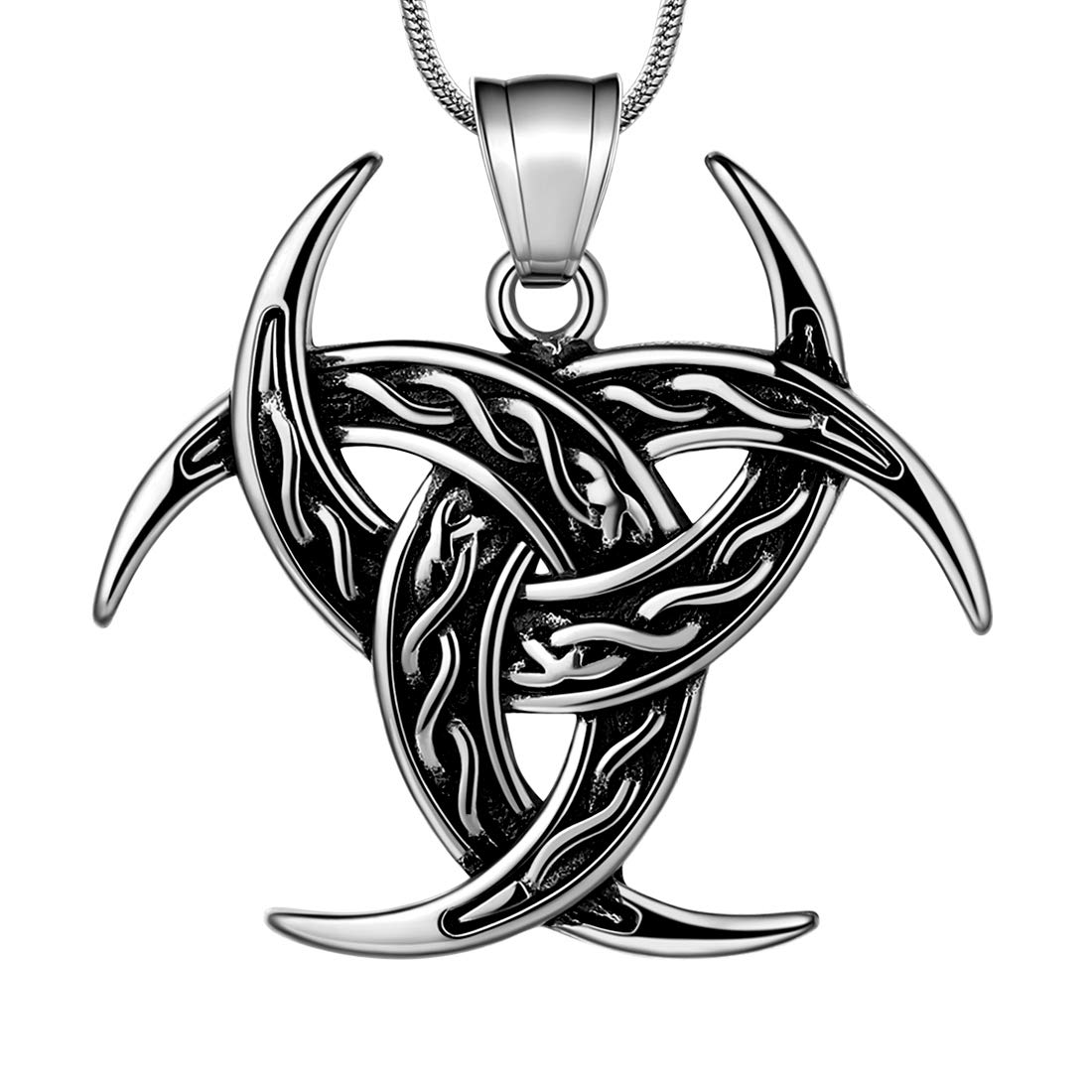 Celtic Knot Necklace Viking Pendant - Celtic Norse Triple Odin Horn Crescent Moon of Oden Necklace Mens 316L Stainless Steel Triskelion Amulet Pendant Pewter Tribal Protection Triskele Jewelry SP0053G