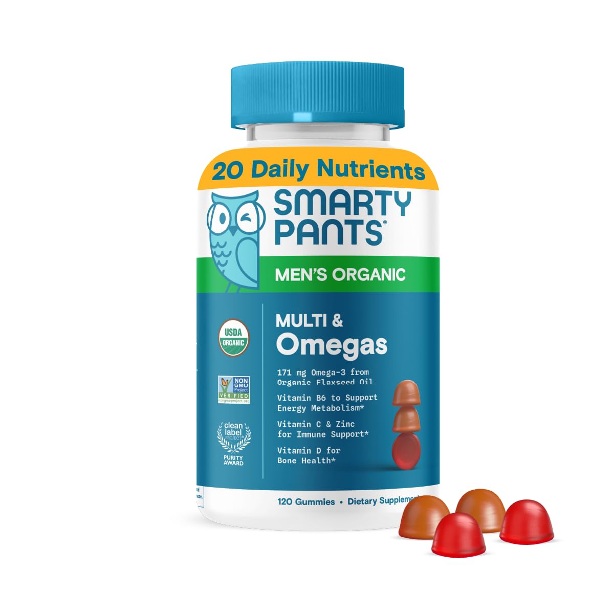 SmartyPants Multivitamin for Men, Organic Gummies: Methylfolate, Omega 3 (ALA), Vitamin D3, C, Vitamin B12, B6, A, K & Zinc for Immune Support, Biotin, Vegetarian, 120 Gummies (30 Day Supply)