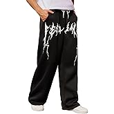 OYOANGLE Men's Graphic Print Drawstring Waist Baggy Sweatpants Loose Straight Leg Pants with Pocket