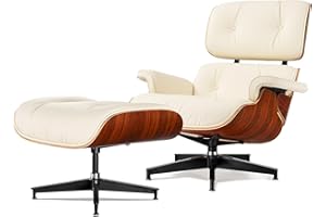 Tranqu Chaise Lounge Chair with Ottoman Genuine Leather High-Resilience Foam Cushions Mid Century Modern Ergonomic Design for Living Room Study Lounge Office Palisander Ivory White