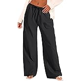 AKEWEI Women's Black Cotton Linen Palazzo Pants Wide Leg with Drawstring Waist Effortless and Stylish