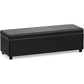 SIMPLIHOME Avalon 48" Wide Vegan Leather Storage Ottoman in Midnight Black | Contemporary lift-top ottoman with high-density foam; rectangle storage bench or coffee table for living room or entryway.