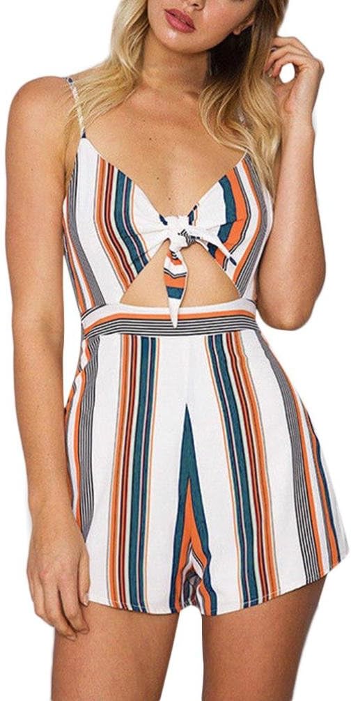 LILICAT Pants JumpsuitLILICAT Women Ladies Sexy V-Neck Bow-Knot Bandage Sleeveless Halter Strap Playsuit Elegant Stripe Print Rompers Causal Trim Jumpsuit for Party Club Beach Summer Holiday Blue