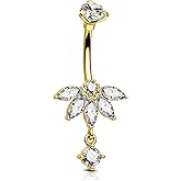 COCHARM Lotus Belly Button Rings, 14G Dangle Belly Navel Rings for Women, Stainless Steel Belly Navel Piercing Jewelry