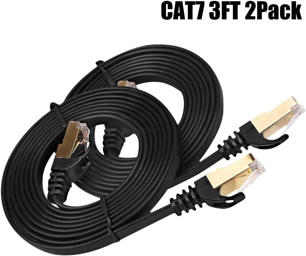 Cat 7 Ethernet Cable 3 FT 2-Pack, BUSOHE Cat-7 Shielded High Speed Flat Internet Network Computer Patch Cord,LAN Cable LAN Wire with Rj45 Connectors for Router, Modem, Xbox - 3 Feet Black