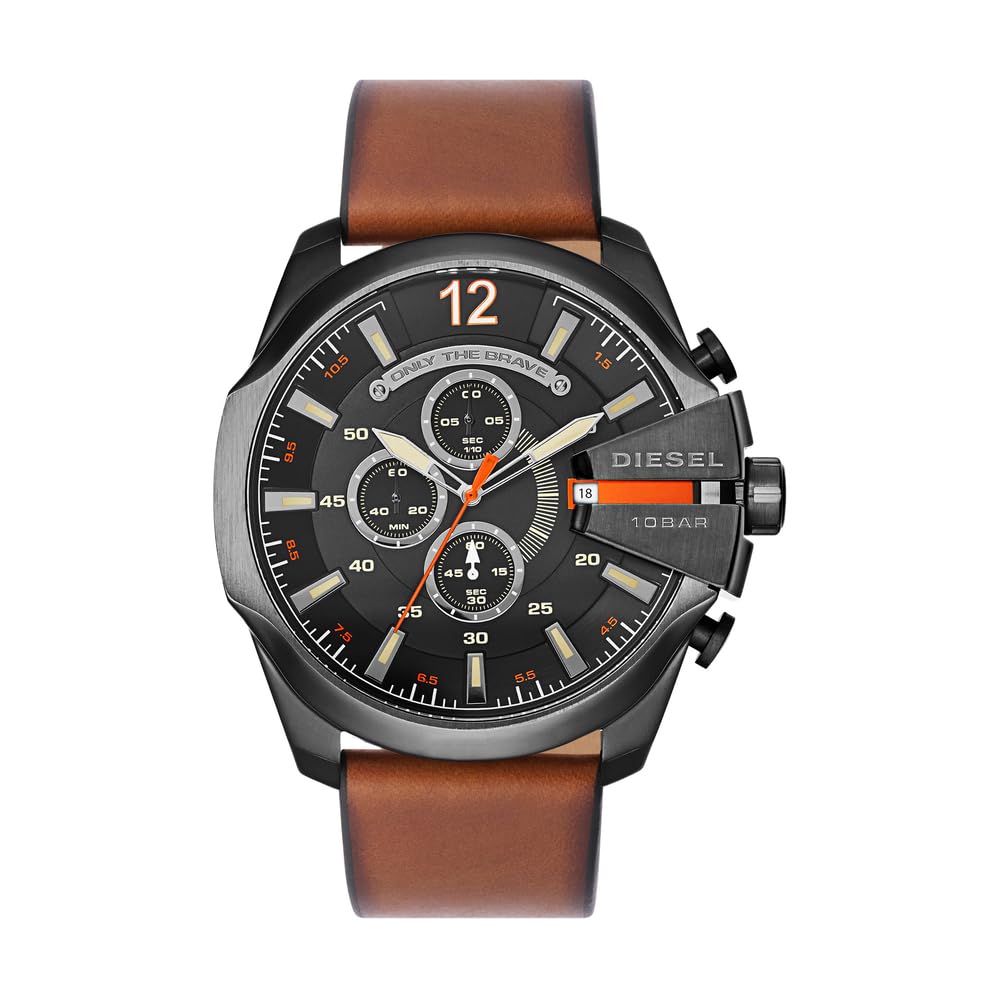Diesel Watch for Men Mega Chief, Chronograph Movement, 51 mm Black Stainless Steel Case with a Leather Strap, DZ4343
