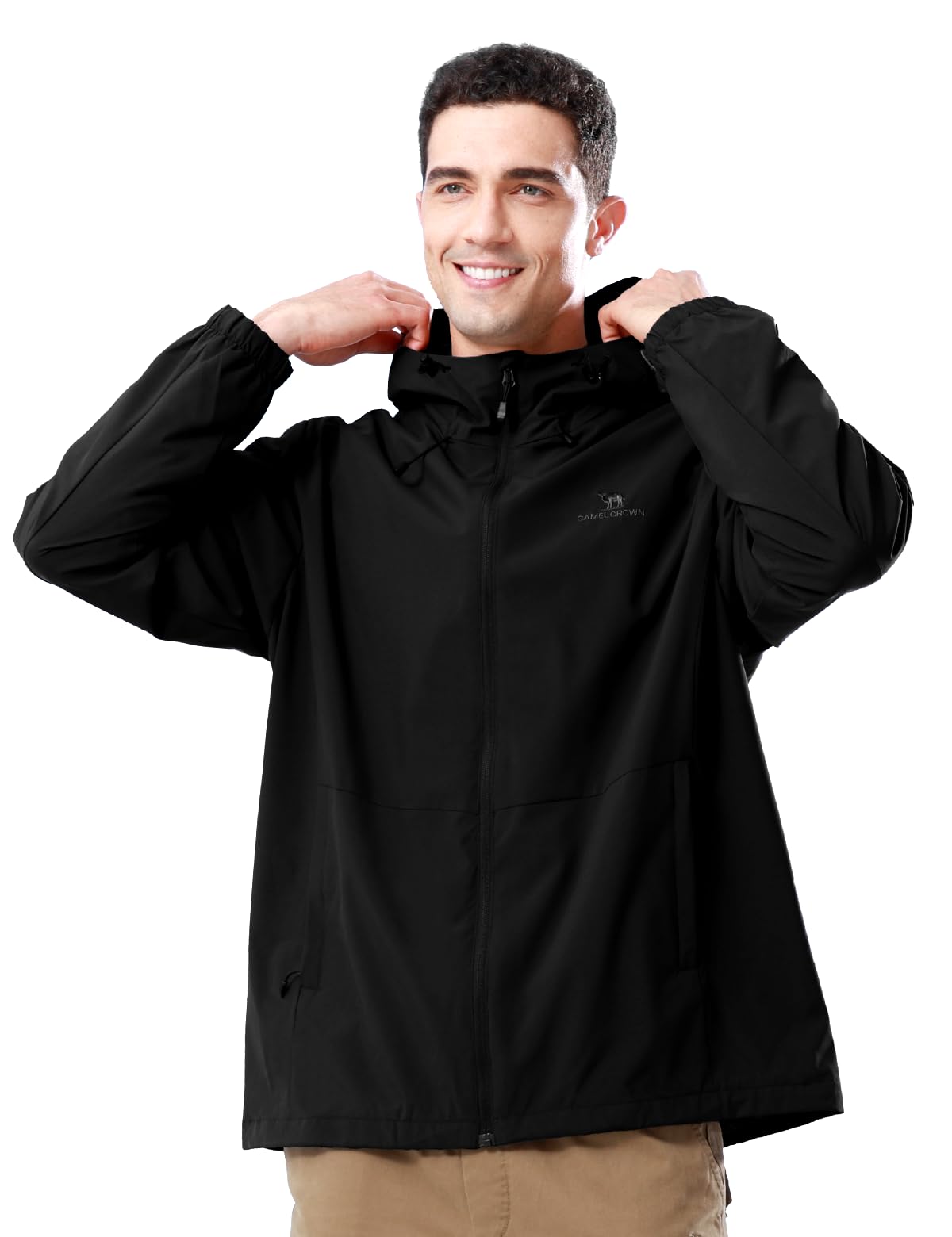 Photo 1 of CAMELSPORTS Men Waterproof Softshell Jacket Windbreaker Hooded lightweight Rain Coat for Outdoor Hiking Black XL