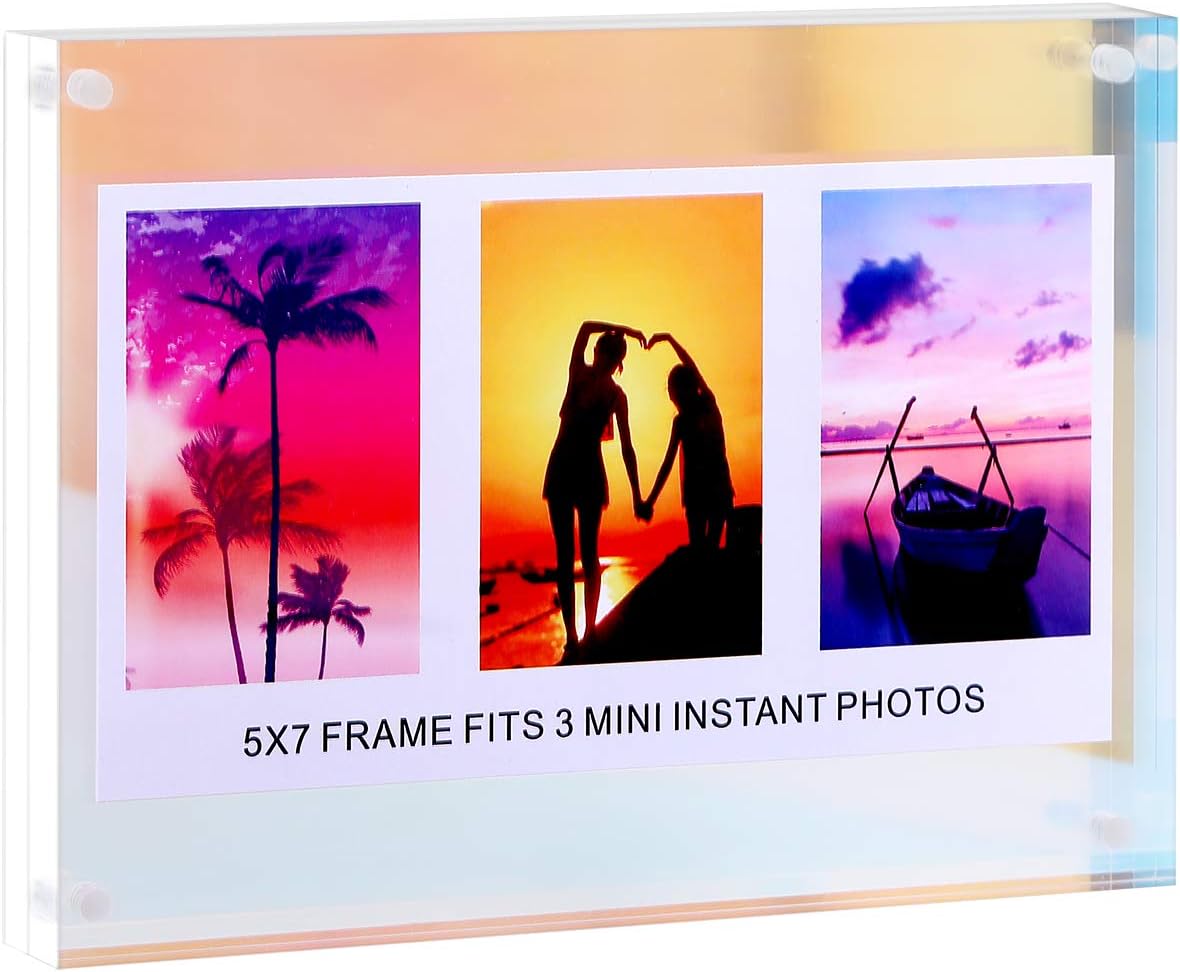 WINKINE 5x7 Iridescent Acrylic Photo Frame, Magnetic Thick Block Photograph Picture Frame, Clear Double Sided Frameless Self Standing Desktop Photo Display with Magnet