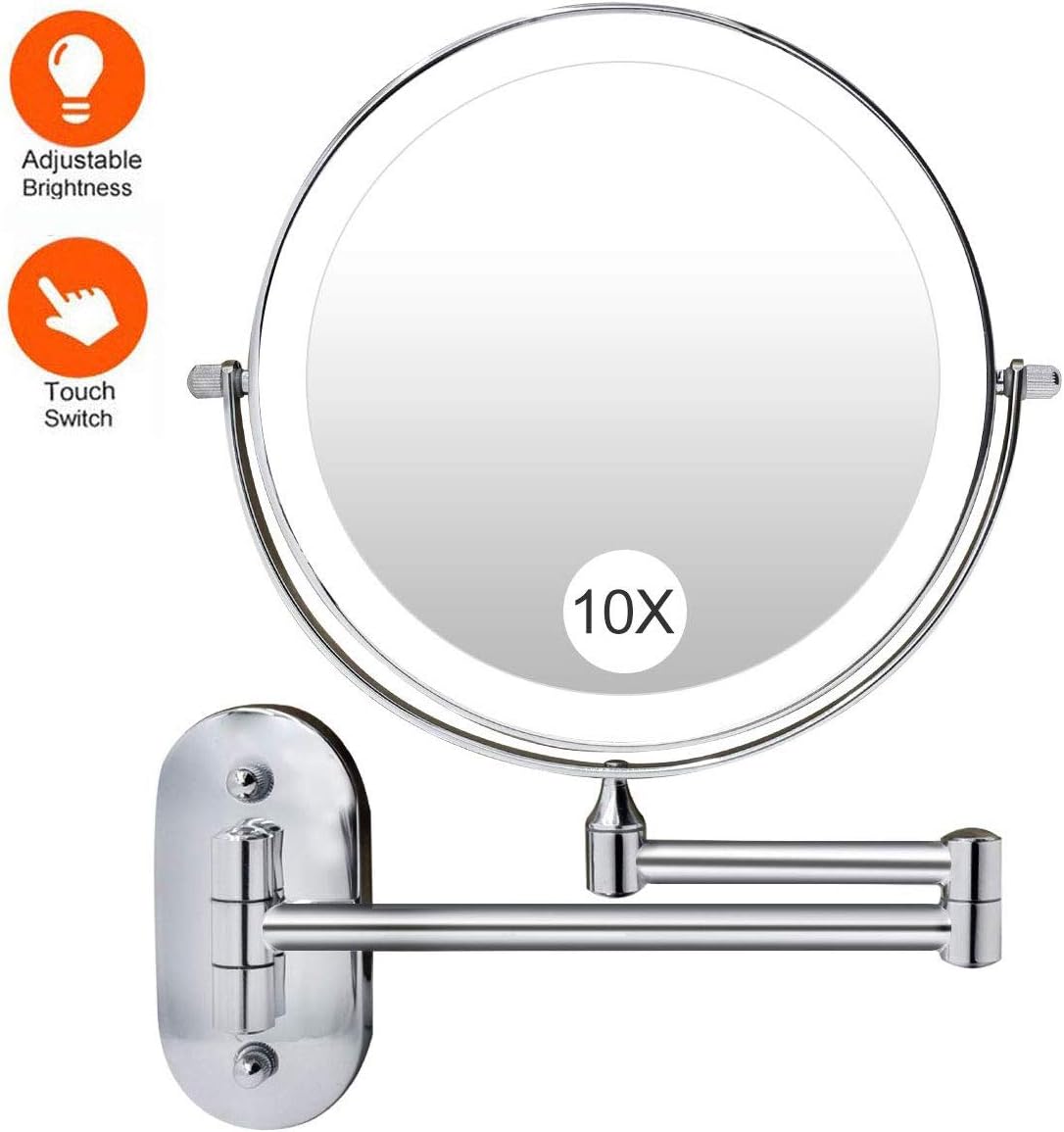 XIGG Wall Mounted Makeup Mirror with Lights, LED Wall Mounted Vanity Mirror with Dimmable Lights and Touch Switch, 10X Magnifying Wall Bathroom Mirror for Hotel Vanity USB Rechargeable