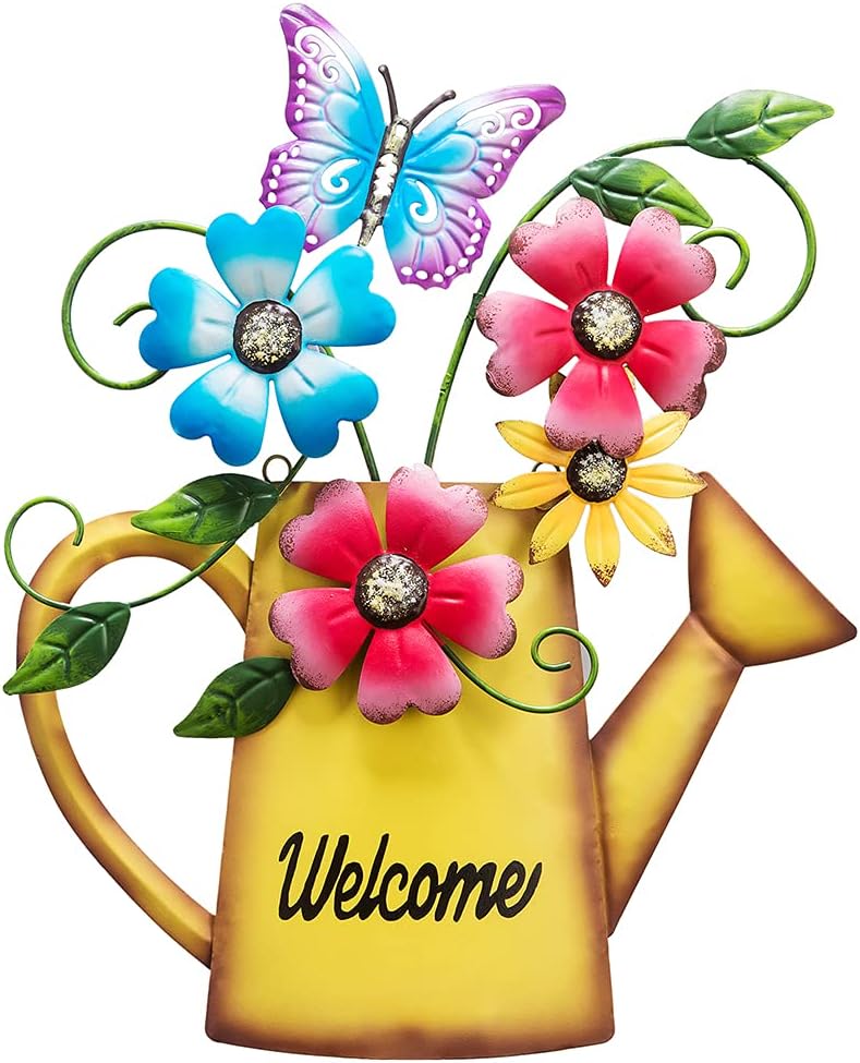 Plaques & Wall Art - Fawgold Watering Can Metal Wall Art Outdoor Decor Welcome Sign for Front Door Decorations Outdoor Hanging for Home Garden Porch Patio Yard Fence Backyard Front Porch Decor 15 Inch