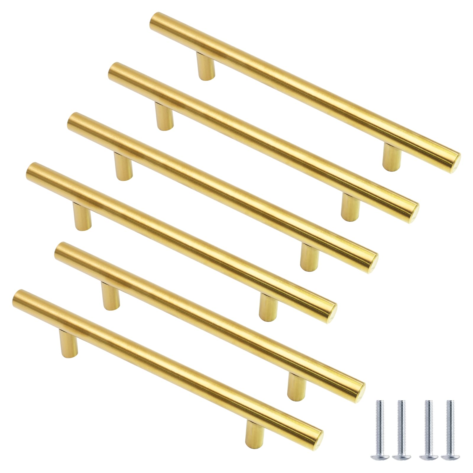 Cjueiom 6 Pack Gold Cupboard Handles 96mm Hole Center T Bar Handles, Stainless Steel Drawer Handles Long Wardrobe Door Handles Pulls, 150mm Length Kitchen Cabinet Handles for Bedroom Drawer