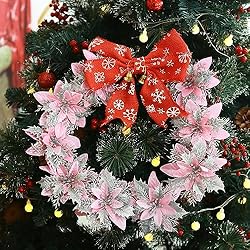 GREENTIME 12 Pcs Glitter Poinsettia 5.5" Artificial