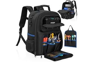 LASUK Tool Backpack, Heavy Duty Tool Bag with Padded Shoulder and Removable Tool Organizer, Water-Resistant Work Backpack, for Electrician, Plumber, HVAC, Cable Repairman, Black & Blue