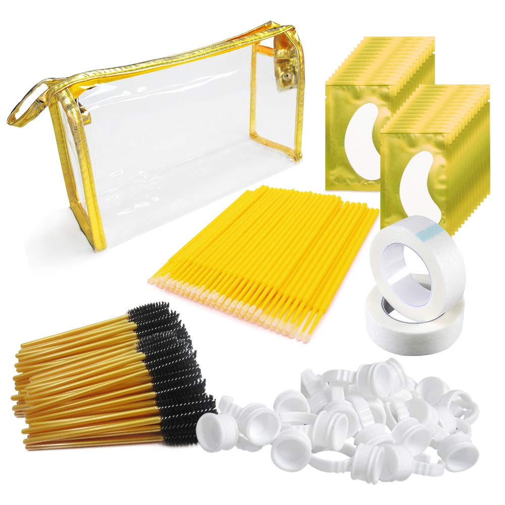 4x100 Packs Eyelash Extension Kits Gold- Under Eye Pads & Eyelash Mascara Wands Applicator Makeup Brush & Glue Rings Holder Nail Art Tattoo & Micro Applicators Brush Beauty Tools
