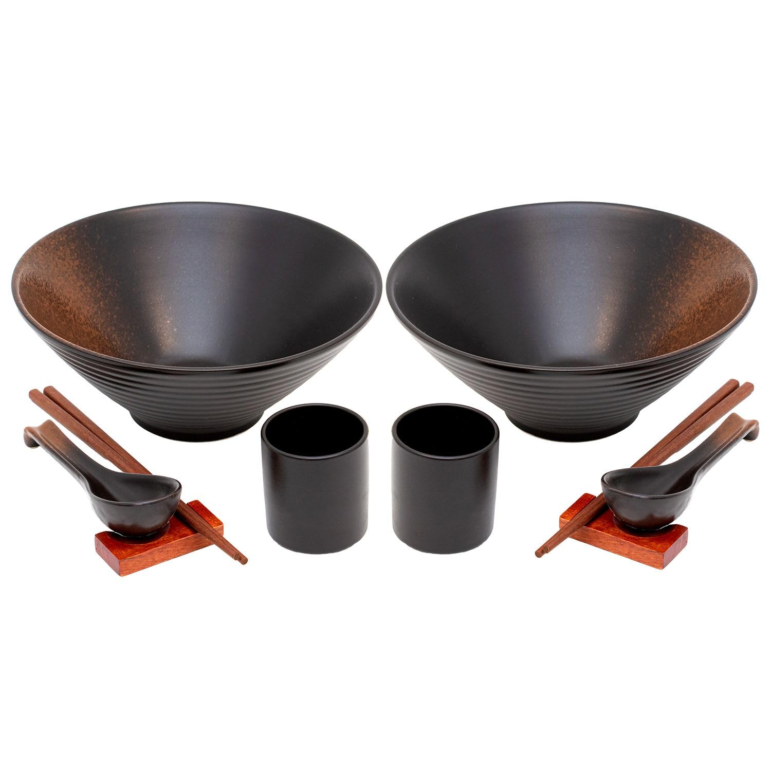 INTIRILIFE Ramen Bowl Set for 2 People Made of Ceramic in Black - 1.1 Litre - 2X Bowl Chopsticks Spoon Mug and Tray Each - for Noodle Soup Rice Udon Bowls Bowl Japanese Soup