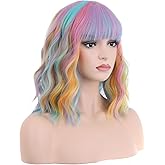 PATTNIUM 14 Inches Rainbow Wig Short Wavy Pastel Wig with Bangs Multi Color Wigs for Women Girls Heat Resistant Synthetic Cosplay Costume Wigs