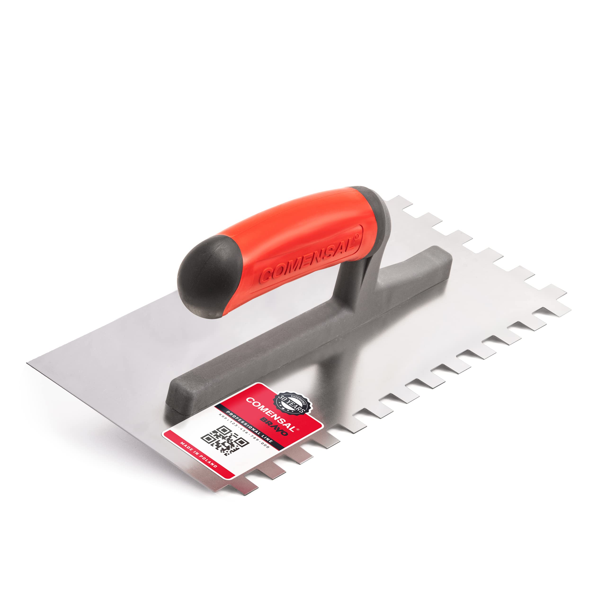 COMENSAL Notched Tiling Trowel 0.4"- Plastering Notched Trowel - Stainless Steel - Non-Slip Soft Grip - Made in EU - TD 10x10 mm