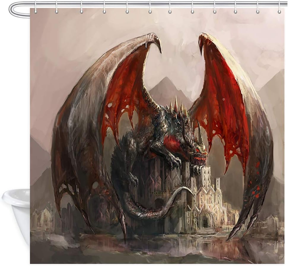 JAWO Fantasy Decor Shower Curtain, Dragon and Medieval Castle Gothic Theme, Polyester Fabric Bathroom Decor, Bath Curtain with Hook, Bathroom Accessories, 69x70 Inch