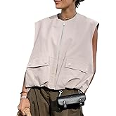 PAODIKUAI Women's Casual Zip Up Vest Cargo Ruched Hem Lightweight Sleeveless Blazer Oversized Jackets Top with Pockets