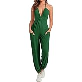Cicy Bell Women's Sexy Halter Jumpsuits Casual Deep V Nevk Beach Jogger Long Pants Rompers