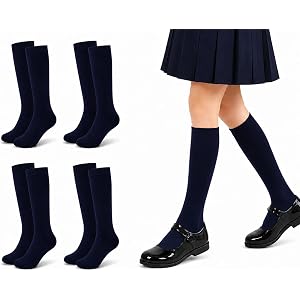 KKuSoxyy 4 Pairs Knee High Socks for Kids, Cotton School Uniform Socks | Navy blue solid kids calf socks for boys girls, soft