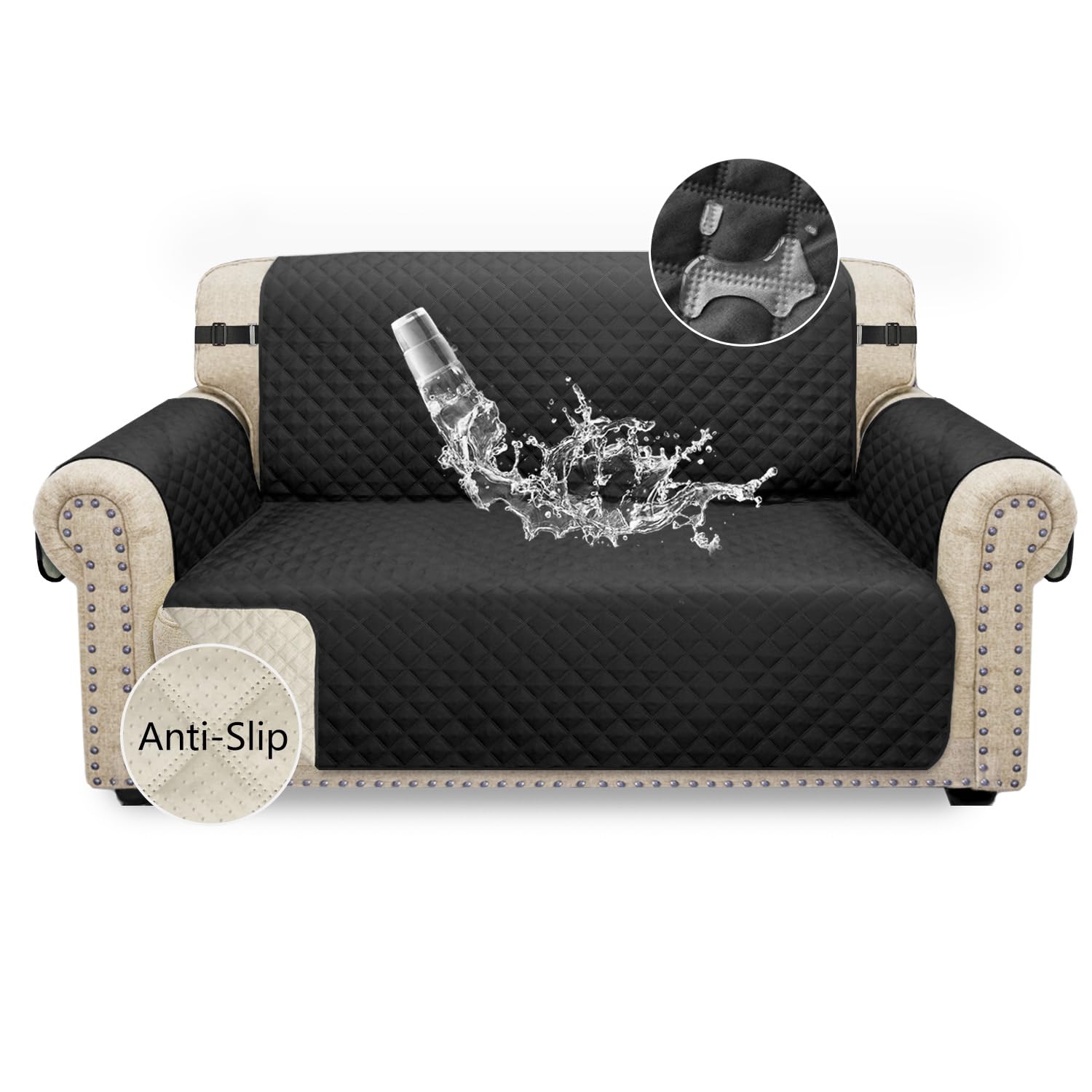 Granbest Waterproof Sofa Cover 2 Seater Non-Slip Loveseat Cover with Elastic Straps, Washable Sofa Protector for Kids, Pets, Dogs, Cats Four Seasons Universal (2 Seater, Black)
