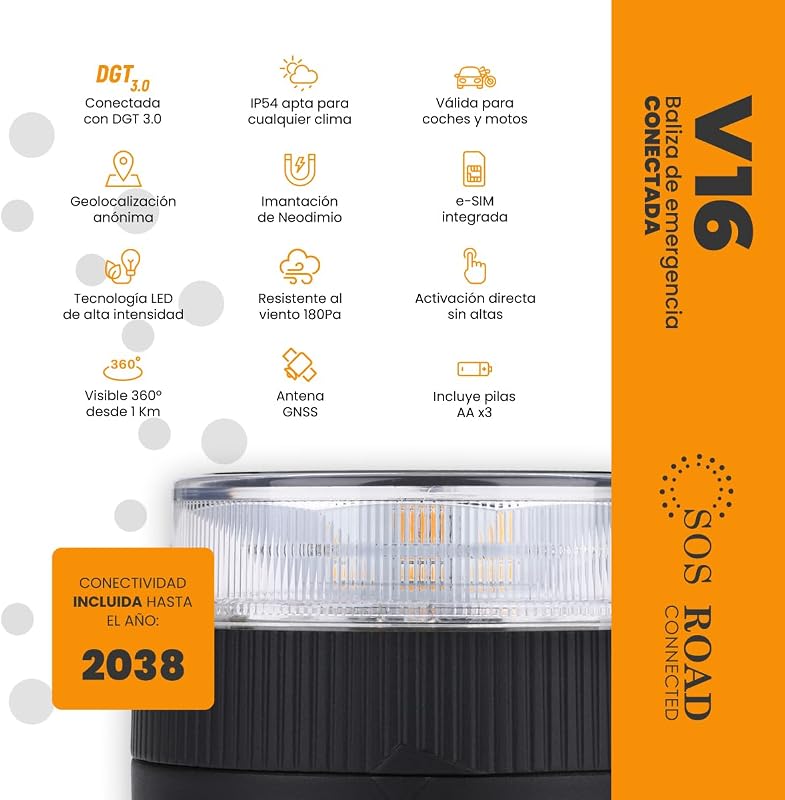 Baliza de Emergencia V16 con Geolocalización y Conexión DGT 3.0 – Uso Obligatorio Enero 2026, Señal LED Homologada para Coche, Alcance 1km, Resistente al Agua, Datos Incluidos hasta 2038 — foto 3 de 7