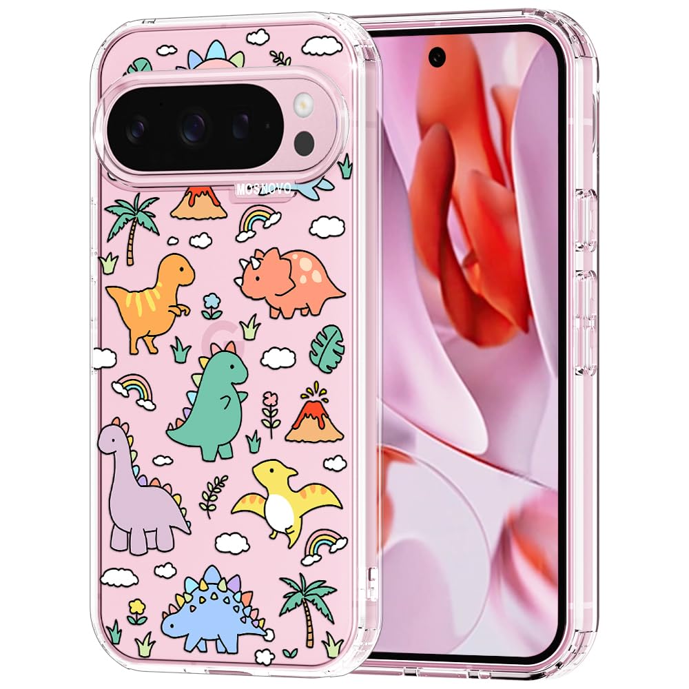 MOSNOVO Case for Google Pixel 9 Pro XL, [Buffertech 6.6ft Military-Grade Drop Protection] [Anti Peel Off Tech] Clear TPU Bumper Phone Case Cover Design - Dinosaur Land