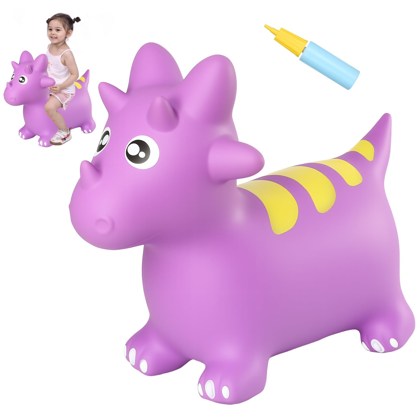 Photo 1 of ***NO PLUG***INPANY Bouncy Horse, Dinosaur Hopper Toys, Toddler Bouncing Animal, Dinosaur Party Decorations, Inflatable Ride on Rubber Triceratops Bouncer, Outdoor Cool Birthday Gift for 2 3 4 Yr Boy Girl Purple
