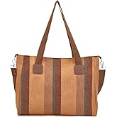 CREATCABIN Striped Canvas Tote Bag Versatile Large Capacity Reusable Beach Shopping Grocery Bag Zipper Shoulder Crossbody Pur