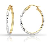 Hoops & Loops 925 Sterling Silver Two-Tone Diamond-Cut Hoop Earrings for Women| Hypoallergenic 14k Yellow Gold, Rose Gold Flash Plate & Silver 2mm Click-Top Hoops, 25mm - 50mm
