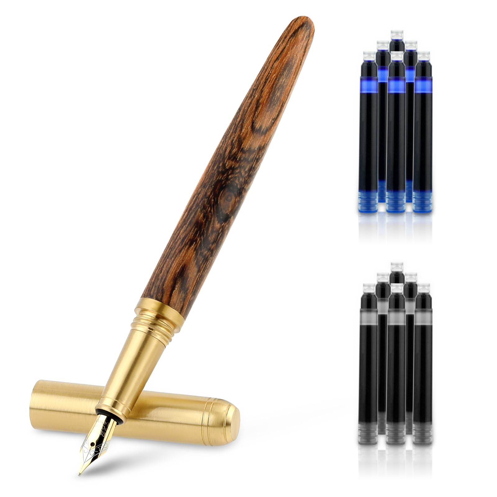 Cobee Wooden Fountain Pen with 12 Pcs 2.6 mm Ink Cartridges, Handcrafted Luxury Wood Fountain Pen Vintage 0.5mm Fine Point Journaling Pen for Business Calligraphy Gifts Supplies (B)