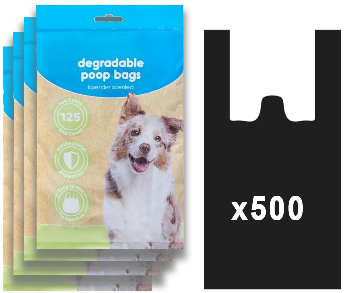500 Degradable Dog Poo Bags - Lavender Scented, Tie Handle Design, Antibacterial Protection, Easy To Tie, Poop Waste Bag Refill Rolls for Dogs, Doggy Poop Bags with Tie Handles (500)