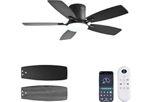 Ayaoty Ceiling Fans with Lights, 42 inch Low Profile Ceiling Fan with Light and Remote Control, Flush Mount, Reversible Motor, Dimmable, Noiseless, Black Ceiling Fan for Bedroom, Indoor/Outdoor Use